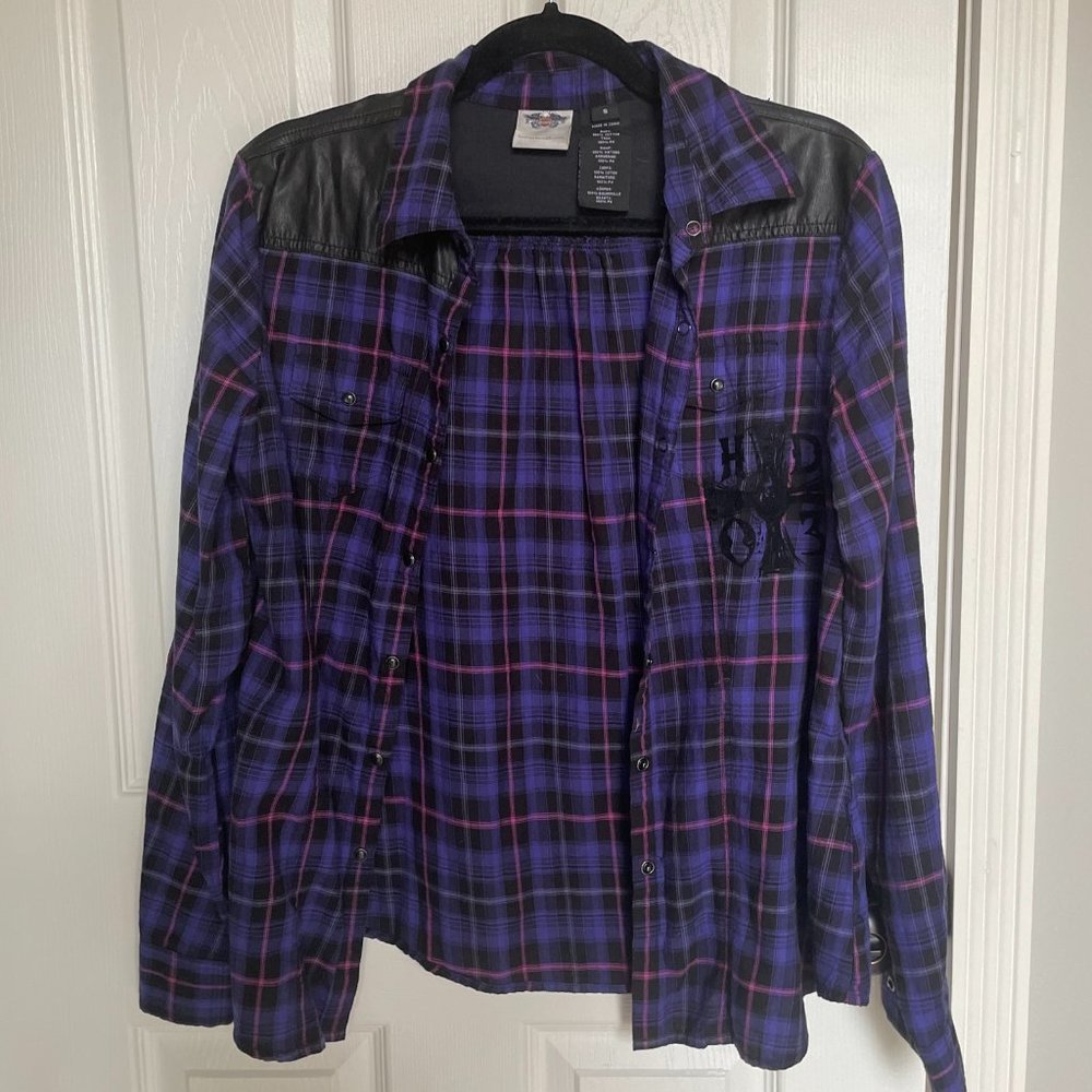 Harley Davidson Women's Size S Long Sleeve Button Up Shirt, Plaid w/ Lace Detail